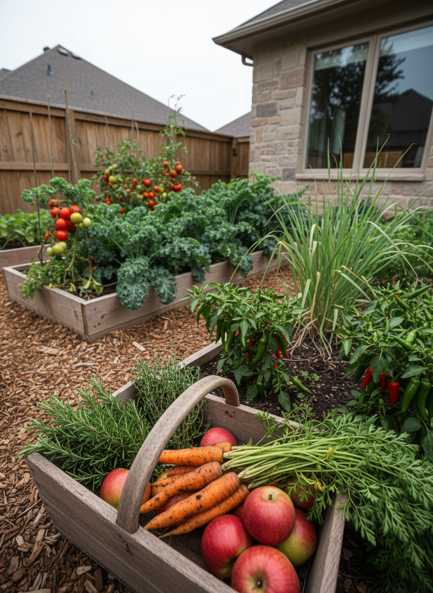 A lush backyard kitchen garden in photographic realism, featuring raised beds overflowing with curly kale, tomato vines heavy with fruit, and a small patch of lemongrass and chilies nodding to Filipino flavors. In the foreground rests a weathered trug basket filled with freshly harvested carrots, herbs, and a few imperfect but beautiful apples. Soft overcast daylight creates even, diffused lighting that highlights natural colors and textures without harsh shadows. Shot from a low, slightly angled perspective with sharp focus throughout, the composition feels grounded and homely, suggesting the quiet satisfaction of growing ingredients that will later appear in comforting bakes and café specials.
