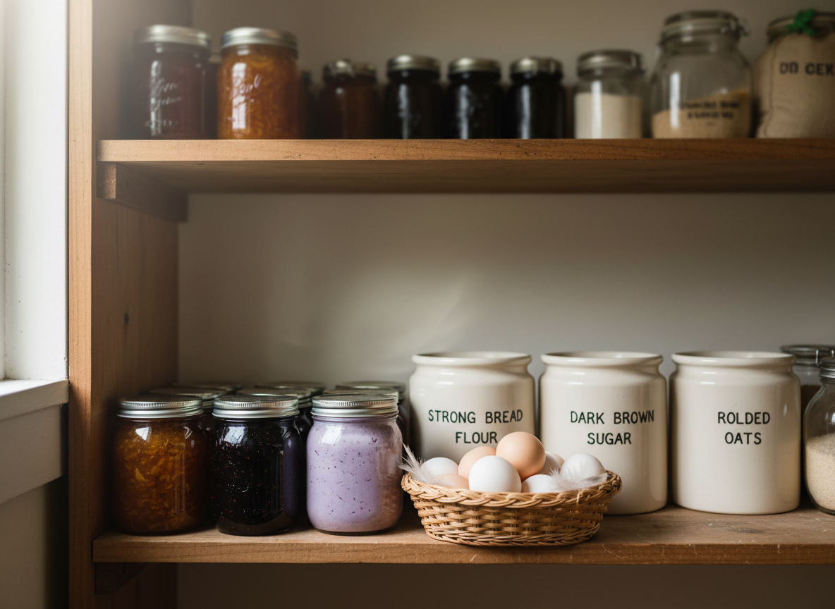 A cozy homestead pantry shelf captured in photographic realism, filled with neatly arranged glass jars of homemade preserves and baking staples. On the lower shelf, jars of bright orange marmalade, deep purple blackberry jam, and glossy ube halaya sit beside labeled containers of strong bread flour, dark brown sugar, and rolled oats. A small wicker basket of freshly laid eggs rests on the wooden surface, with a few feathers nestled among them. Soft, diffused window light from the side creates a gentle glow through the jars, illuminating their colors and textures. Shot straight-on with sharp focus, the mood is calm, organized, and quietly playful, hinting at endless recipe possibilities.
