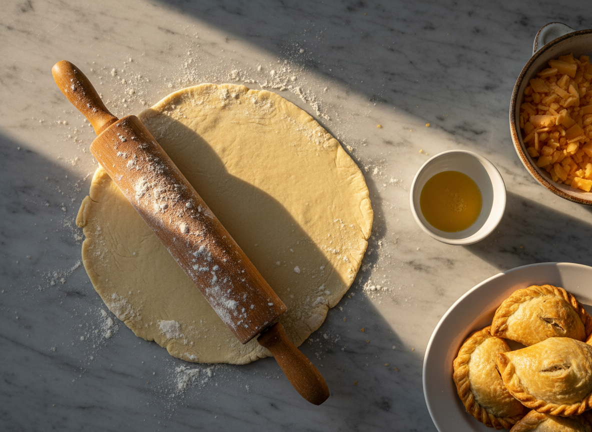 A farmhouse-style kitchen scene focused tightly on a pair of flour-dusted wooden rolling pins and a round of shortcrust pastry mid-roll on a cool marble slab. Beside it sit a small bowl of egg wash, a dish of crumbled sharp cheddar, and a plate of golden, freshly baked Filipino-inspired empanadas with flaky crusts just out of frame. Late afternoon sunlight slants in from the side, creating long, warm shadows and a subtle sheen on the pastry surface. Photographic realism, captured from an overhead angle with a balanced composition that feels both instructional and playful, ideal for illustrating a step-by-step baking journal entry.
