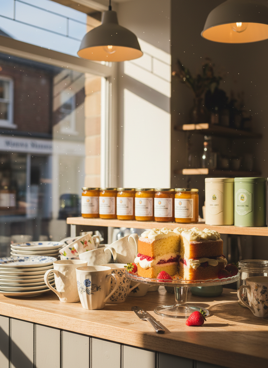 A bright, compact café corner seen from the perspective of the service counter: neatly stacked ceramic plates, a row of mismatched but charming mugs, and a glass cake stand showcasing a partially sliced Victoria sponge with billowy cream and strawberry jam. In the background, slightly out of focus, are shelves with jars of calamansi marmalade and tea canisters. Late afternoon natural light filters through a front window, mingling with warm interior lighting to create a cozy glow. Photographic realism, shot at a three-quarter angle with a moderate depth of field, conveying a welcoming, slightly playful atmosphere of an independent British-Filipino inspired café.