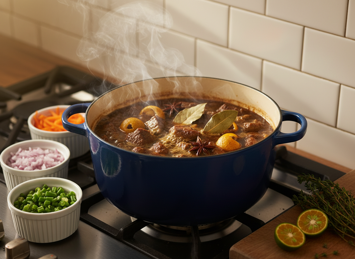 An intimate stovetop scene in photographic realism: a sturdy enamel pot simmering a rich, comforting stew that blends British beef and ale notes with Filipino aromatics like bay leaves and star anise. Wisps of steam curl upward, catching the light. Around the hob are small ramekins of chopped onions, carrots, and green beans, alongside a wooden board holding a halved calamansi and sprigs of thyme. Warm ambient kitchen lighting casts soft glows on the pot’s surface and gentle shadows on the tiled backsplash. Shot from a slightly elevated, three-quarter angle, the composition feels homely and curious, capturing the playful fusion of two food cultures.