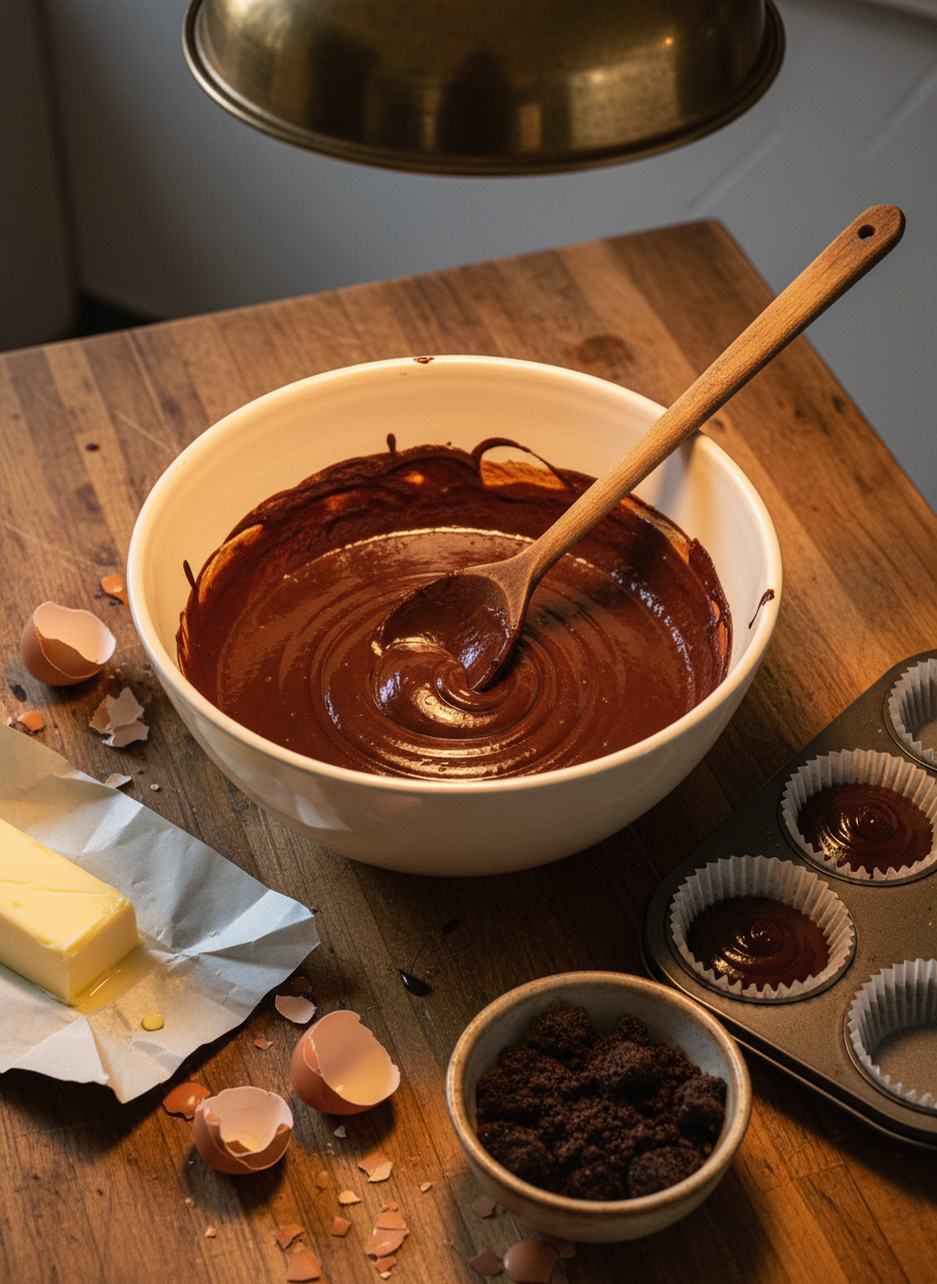 A well-worn café countertop with an in-progress baking project: a large ceramic mixing bowl filled with glossy chocolate batter, a wooden spoon resting on the rim, and a set of lined cupcake tins half-filled and waiting. Around them are cracked eggshells, a stick of butter softening on its wrapper, and a small bowl of dark muscovado sugar. Warm pendant lighting from above creates soft reflections on the batter and gentle shadows beneath the utensils. Photographic realism, captured at eye level with a tight, focused composition that emphasizes texture and movement, evoking the playful, experimental energy of a pastry chef’s daily life between kitchen and café.