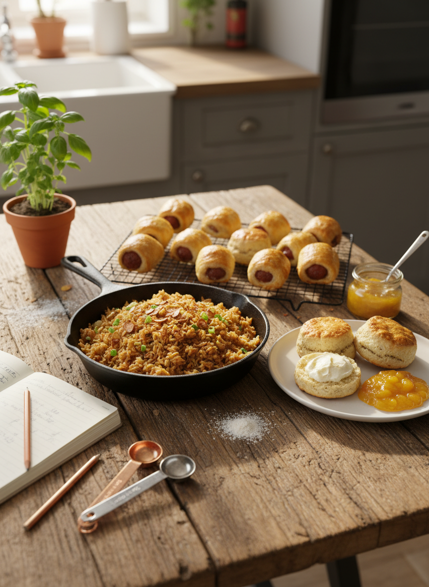 A rustic wooden kitchen table scattered with ingredients for a British-meets-Filipino brunch: a cast-iron skillet of golden garlic fried rice, a plate of flaky buttered scones, a small jar of homemade mango jam, and a cooling rack of mini sausage rolls. Surrounding the spread are flour-dusted measuring spoons, an open notebook with visible but unreadable scribbles, and a small potted herb. Soft morning sunlight streams through an unseen window, creating gentle highlights on the food and warm shadows across the wood grain. Photographic realism, shot from a slightly elevated angle with shallow depth of field, giving the scene an inviting, playful, lived-in café-kitchen atmosphere.